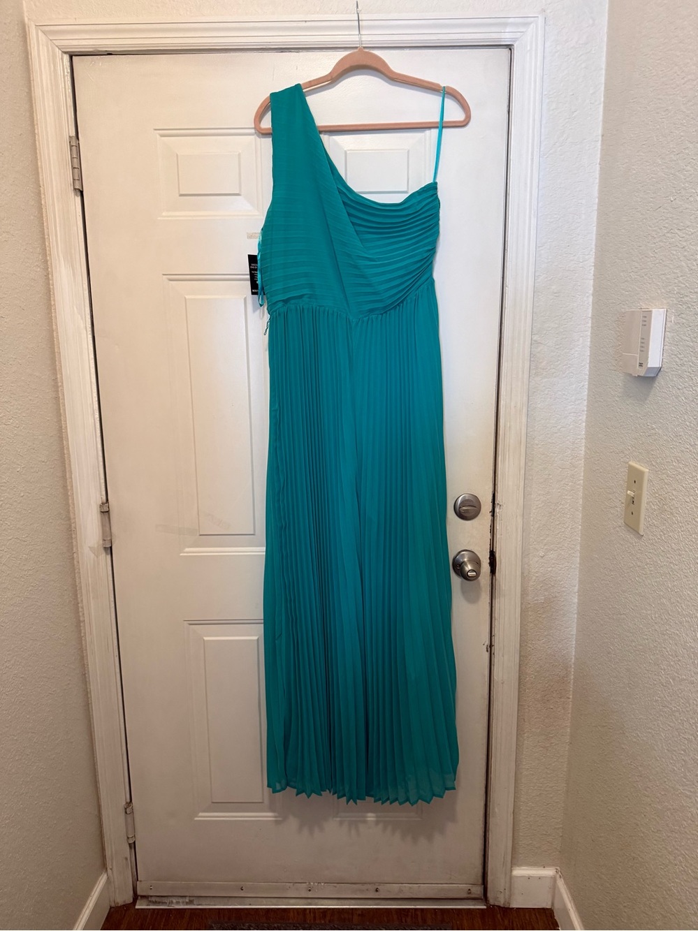 Boston Proper Teal One-Shoulder Pleated Maxi Dress